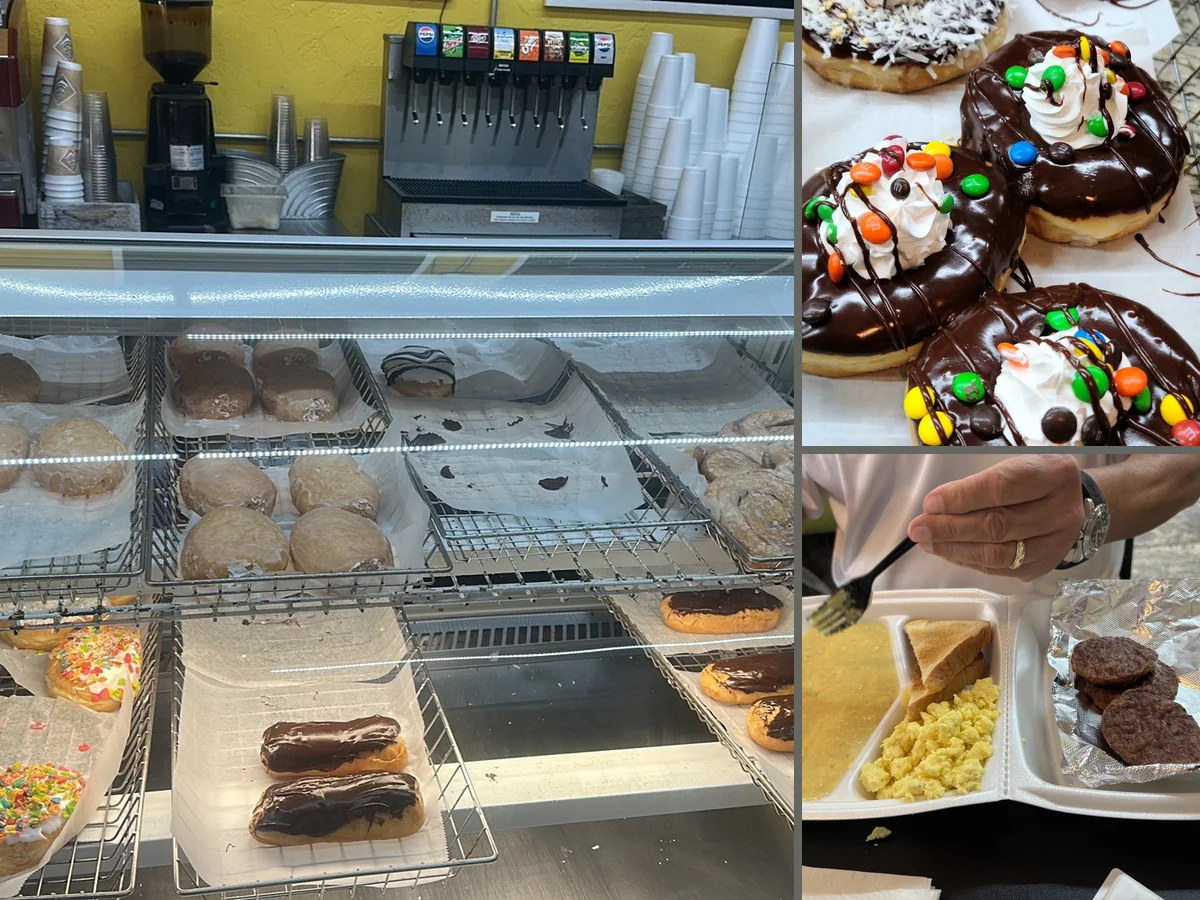 Fried chicken and donuts on a counter.